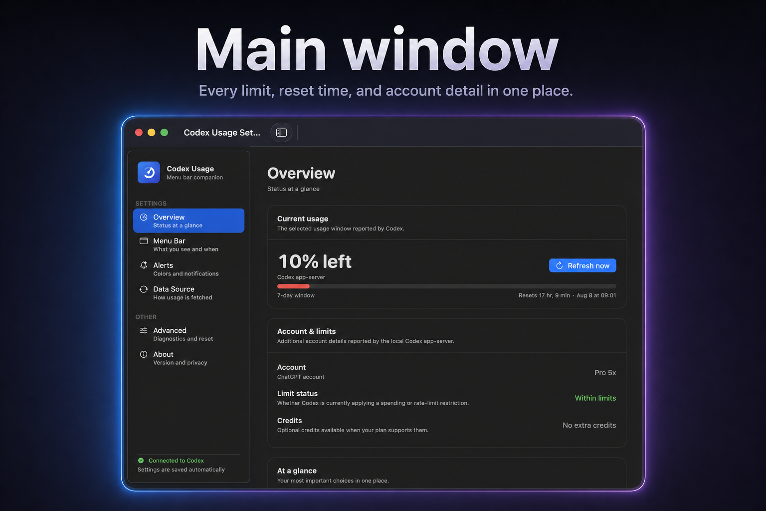 Codex Usage main window showing the overview and account limits