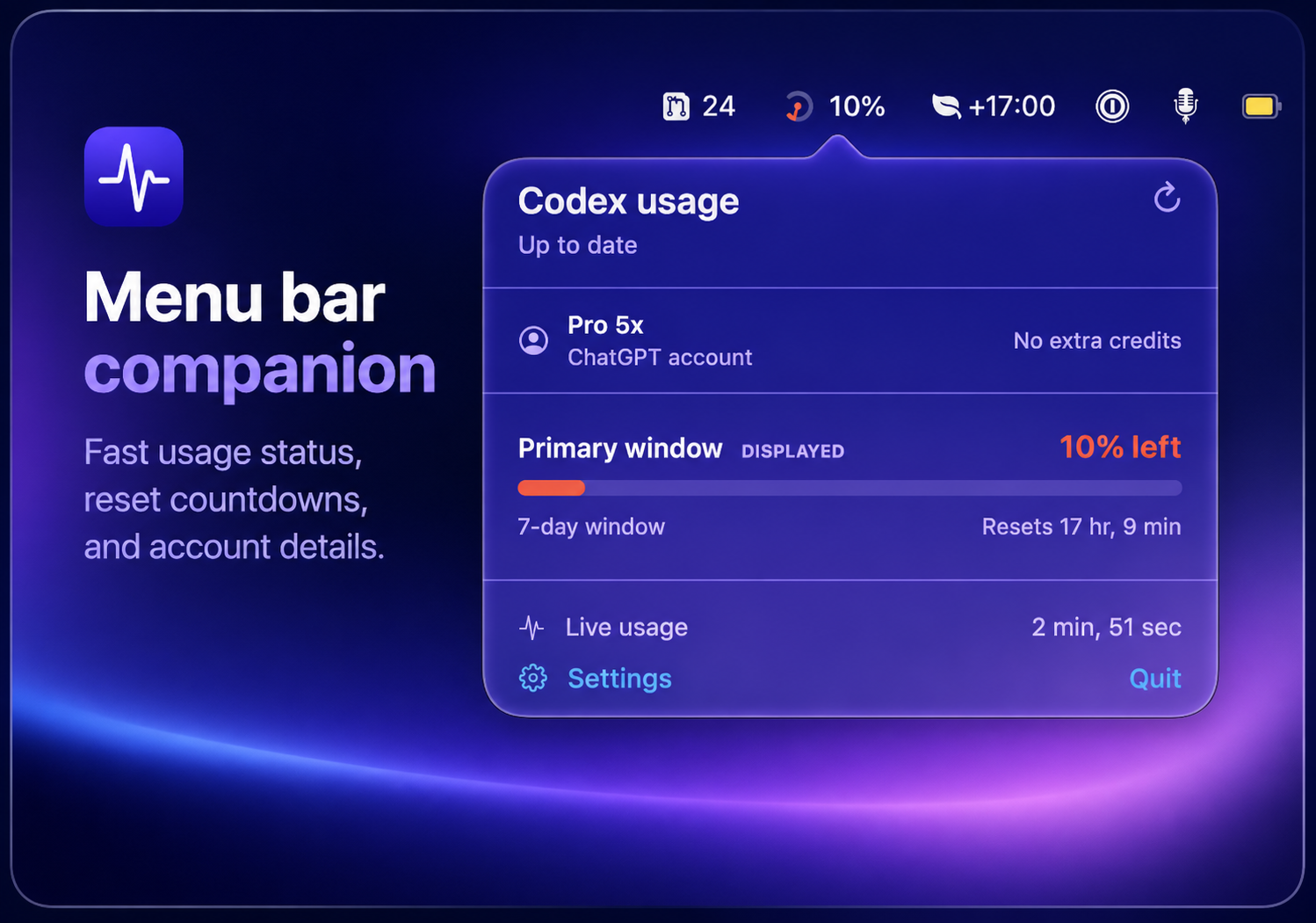 Codex Usage menu bar popover showing usage and reset details